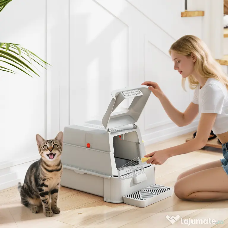 PawHut Litieră închisă pentru pisici de 80L cu tavă detașabilă, din ABS și oțel inoxidabil, 63x43x43 cm, gri deschis | Aosom Romania