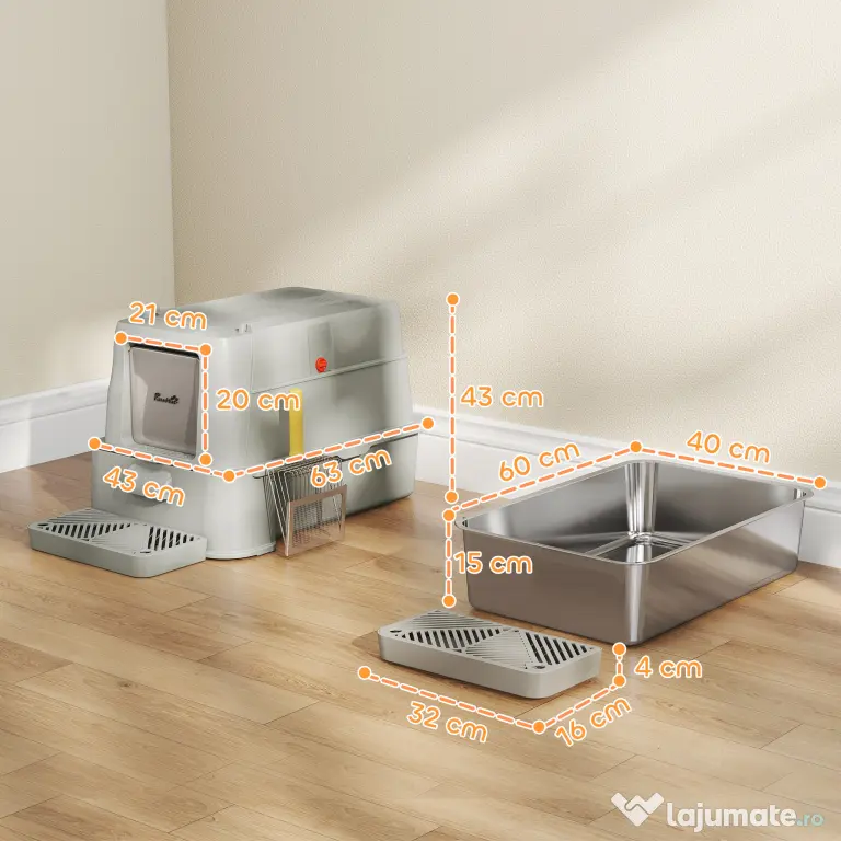 PawHut Litieră închisă pentru pisici de 80L cu tavă detașabilă, din ABS și oțel inoxidabil, 63x43x43 cm, gri deschis | Aosom Romania