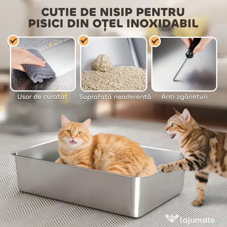 PawHut Litieră închisă pentru pisici de 80L cu tavă detașabilă, din ABS și oțel inoxidabil, 63x43x43 cm, gri deschis | Aosom Romania