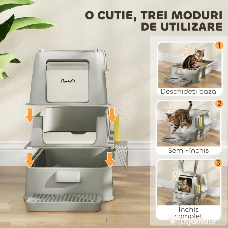 PawHut Litieră închisă pentru pisici de 80L cu tavă detașabilă, din ABS și oțel inoxidabil, 63x43x43 cm, gri deschis | Aosom Romania