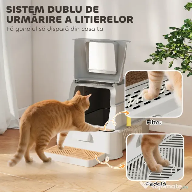 PawHut Litieră închisă pentru pisici de 80L cu tavă detașabilă, din ABS și oțel inoxidabil, 63x43x43 cm, gri deschis | Aosom Romania