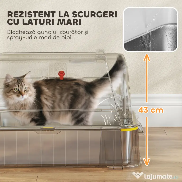 PawHut Litieră închisă pentru pisici de 80L cu tavă detașabilă, din ABS și oțel inoxidabil, 63x43x43 cm, gri deschis | Aosom Romania
