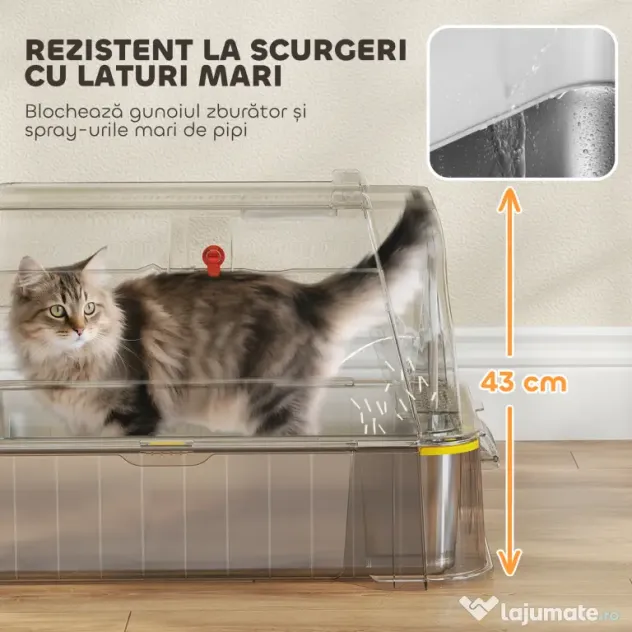 PawHut Litieră închisă pentru pisici de 80L cu tavă detașabilă, din ABS și oțel inoxidabil, 63x43x43 cm, gri deschis | Aosom Romania