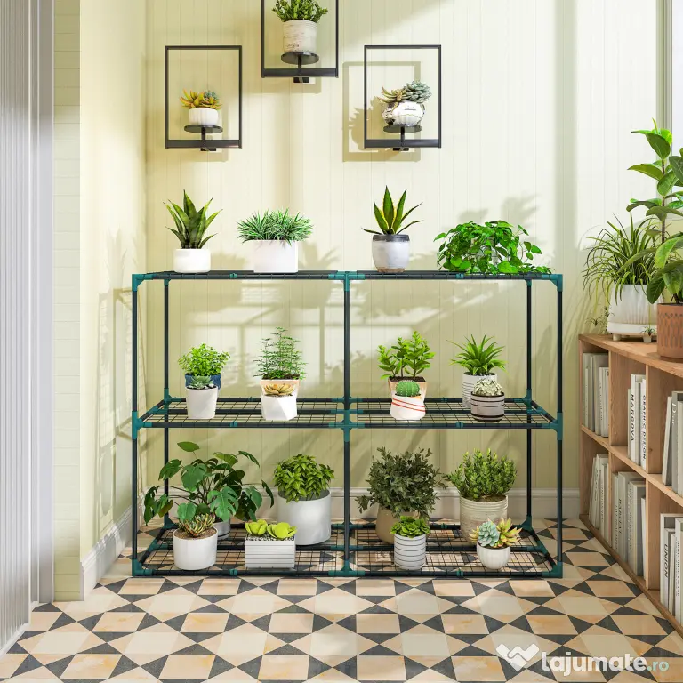 Outsunny Suport Vertical pentru Plante cu 3 Niveluri din Oțel și Plastic, Suport Ghivece pentru Interior și Exterior, Grădină, Balcon, 143x48x100 cm, Verde Închis | Aosom Romania
