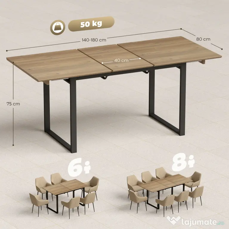 HOMCOM Masă de Luat Masa Extensibilă pentru 6-8 Persoane cu Panouri Detașabile, 140-180cm Masă Rectangulară Extensibilă cu Bază din Oțel, Stil Industrial, pentru Sufragerie, Culoare Lemn | Aosom Romania