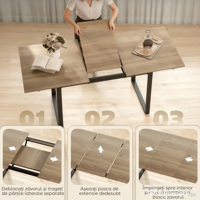 HOMCOM Masă de Luat Masa Extensibilă pentru 6-8 Persoane cu Panouri Detașabile, 140-180cm Masă Rectangulară Extensibilă cu Bază din Oțel, Stil Industrial, pentru Sufragerie, Culoare Lemn | Aosom Romania