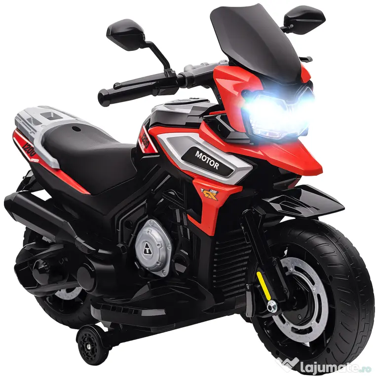 AIYAPLAY Motocicletă Electrică pentru Copii 18-36 Luni, 6V Motocicletă Electrică pentru Copii cu Roți Detașabile, Faruri, Muzică, 2.4 km/h Mini Motocicletă cu Far, Max 30kg, Roșu | Aosom Romania