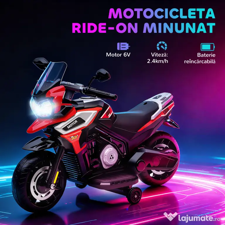 AIYAPLAY Motocicletă Electrică pentru Copii 18-36 Luni, 6V Motocicletă Electrică pentru Copii cu Roți Detașabile, Faruri, Muzică, 2.4 km/h Mini Motocicletă cu Far, Max 30kg, Roșu | Aosom Romania