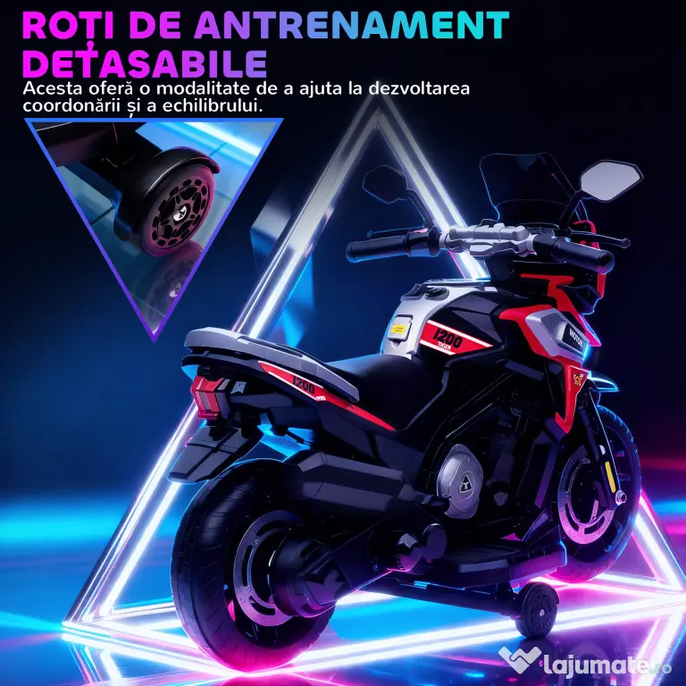 AIYAPLAY Motocicletă Electrică pentru Copii 18-36 Luni, 6V Motocicletă Electrică pentru Copii cu Roți Detașabile, Faruri, Muzică, 2.4 km/h Mini Motocicletă cu Far, Max 30kg, Roșu | Aosom Romania