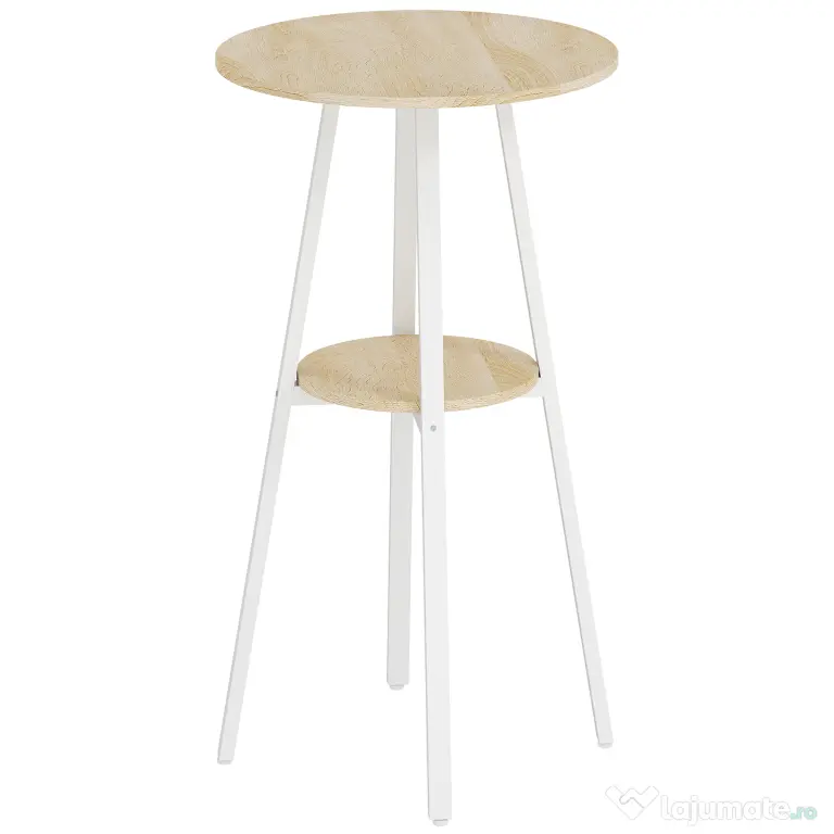 HOMCOM Masă Înaltă Rotundă cu Raft, Masă Modernă pentru Bucătărie sau Dining, PAL, Metal, Lemn Natural și Alb | Aosom Romania