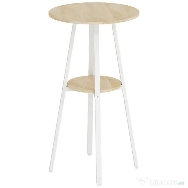 HOMCOM Masă Înaltă Rotundă cu Raft, Masă Modernă pentru Bucătărie sau Dining, PAL, Metal, Lemn Natural și Alb | Aosom Romania