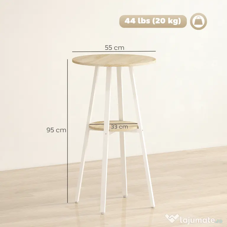 HOMCOM Masă Înaltă Rotundă cu Raft, Masă Modernă pentru Bucătărie sau Dining, PAL, Metal, Lemn Natural și Alb | Aosom Romania