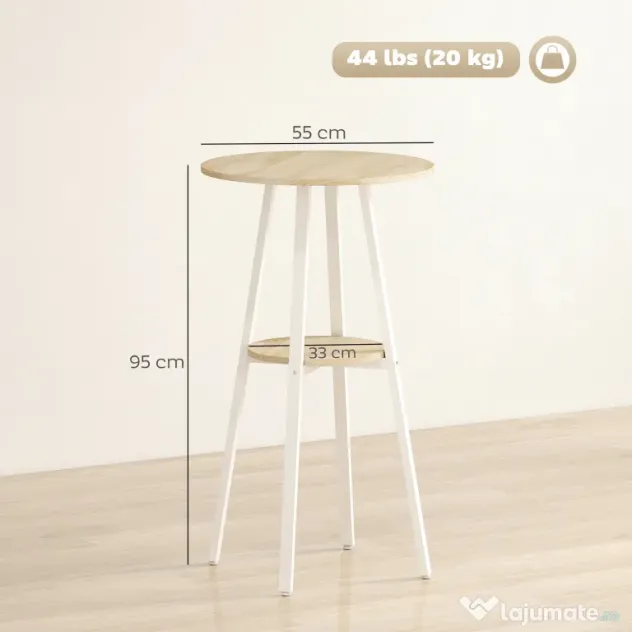HOMCOM Masă Înaltă Rotundă cu Raft, Masă Modernă pentru Bucătărie sau Dining, PAL, Metal, Lemn Natural și Alb | Aosom Romania