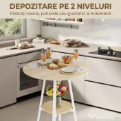 HOMCOM Masă Înaltă Rotundă cu Raft, Masă Modernă pentru Bucătărie sau Dining, PAL, Metal, Lemn Natural și Alb | Aosom Romania 