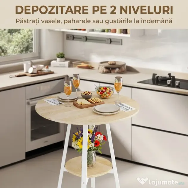HOMCOM Masă Înaltă Rotundă cu Raft, Masă Modernă pentru Bucătărie sau Dining, PAL, Metal, Lemn Natural și Alb | Aosom Romania