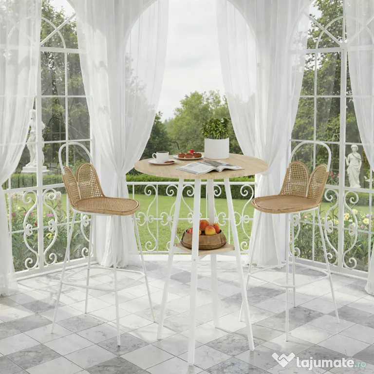 HOMCOM Masă Înaltă Rotundă cu Raft, Masă Modernă pentru Bucătărie sau Dining, PAL, Metal, Lemn Natural și Alb | Aosom Romania