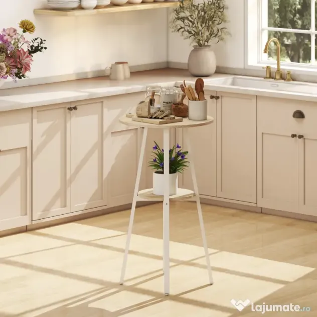 HOMCOM Masă Înaltă Rotundă cu Raft, Masă Modernă pentru Bucătărie sau Dining, PAL, Metal, Lemn Natural și Alb | Aosom Romania