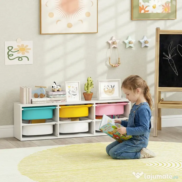 AIYAPLAY Raft pentru Jucării din Lemn cu 6 Recipiente Detașabile din Plastic, Multicolor | Aosom Romania