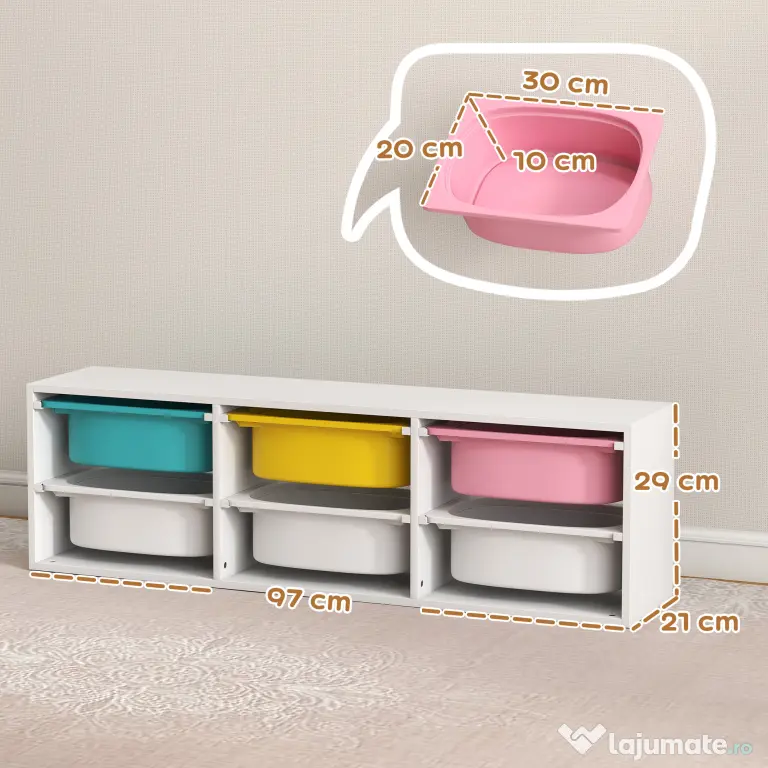AIYAPLAY Raft pentru Jucării din Lemn cu 6 Recipiente Detașabile din Plastic, Multicolor | Aosom Romania