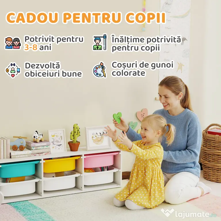 AIYAPLAY Raft pentru Jucării din Lemn cu 6 Recipiente Detașabile din Plastic, Multicolor | Aosom Romania