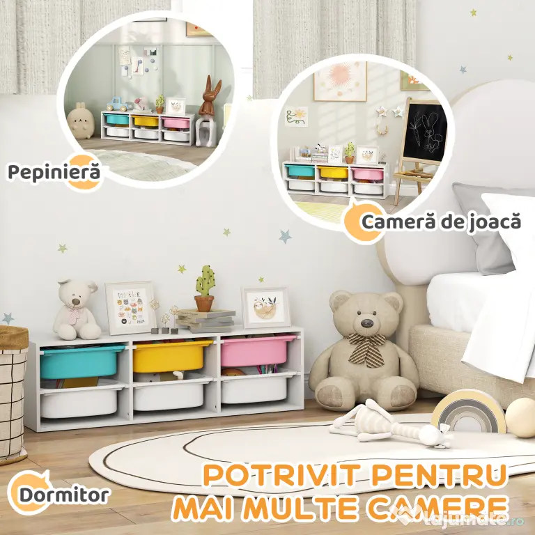 AIYAPLAY Raft pentru Jucării din Lemn cu 6 Recipiente Detașabile din Plastic, Multicolor | Aosom Romania
