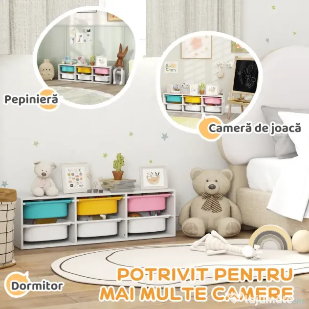 AIYAPLAY Raft pentru Jucării din Lemn cu 6 Recipiente Detașabile din Plastic, Multicolor | Aosom Romania