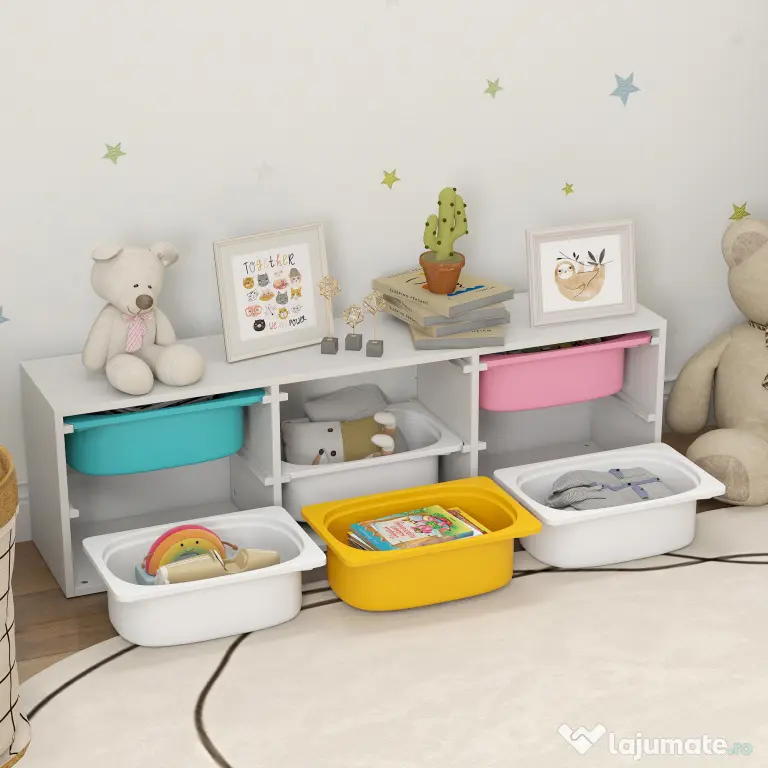 AIYAPLAY Raft pentru Jucării din Lemn cu 6 Recipiente Detașabile din Plastic, Multicolor | Aosom Romania
