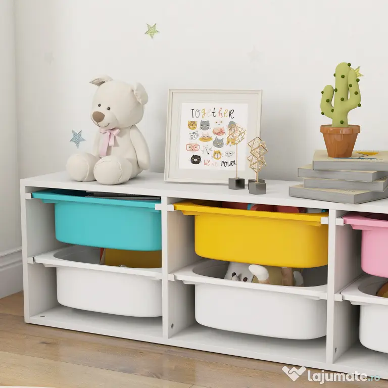 AIYAPLAY Raft pentru Jucării din Lemn cu 6 Recipiente Detașabile din Plastic, Multicolor | Aosom Romania