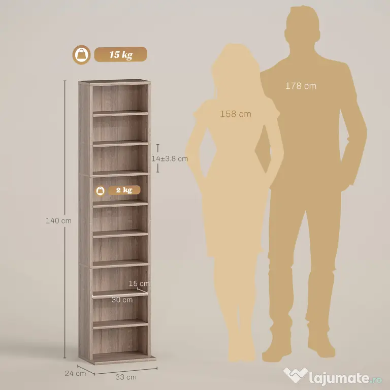 HOMCOM Raft pentru CD-uri cu 6 Rafturi Ajustabile, Capacitate 260 CD-uri sau 120 DVD-uri, 33 x 24 x 140 cm, Lemn Natural