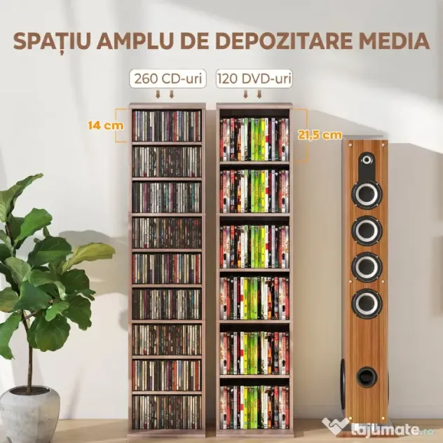 HOMCOM Raft pentru CD-uri cu 6 Rafturi Ajustabile, Capacitate 260 CD-uri sau 120 DVD-uri, 33 x 24 x 140 cm, Lemn Natural