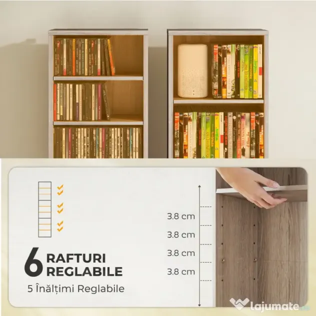HOMCOM Raft pentru CD-uri cu 6 Rafturi Ajustabile, Capacitate 260 CD-uri sau 120 DVD-uri, 33 x 24 x 140 cm, Lemn Natural