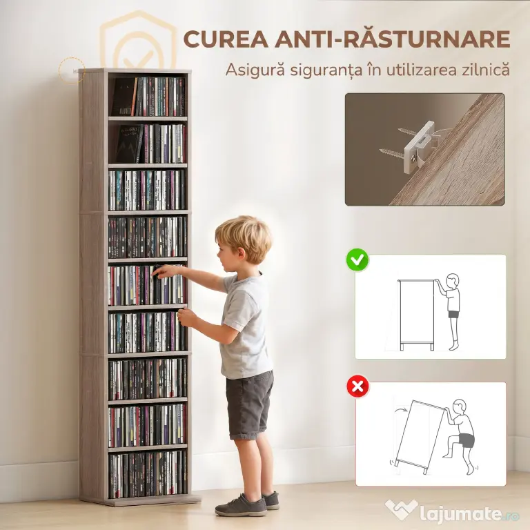 HOMCOM Raft pentru CD-uri cu 6 Rafturi Ajustabile, Capacitate 260 CD-uri sau 120 DVD-uri, 33 x 24 x 140 cm, Lemn Natural