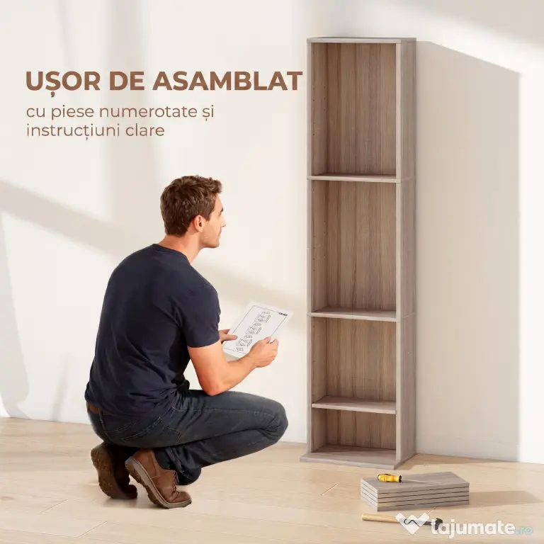 HOMCOM Raft pentru CD-uri cu 6 Rafturi Ajustabile, Capacitate 260 CD-uri sau 120 DVD-uri, 33 x 24 x 140 cm, Lemn Natural