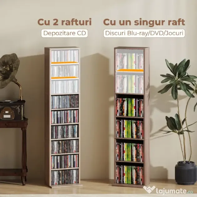 HOMCOM Raft pentru CD-uri cu 6 Rafturi Ajustabile, Capacitate 260 CD-uri sau 120 DVD-uri, 33 x 24 x 140 cm, Lemn Natural