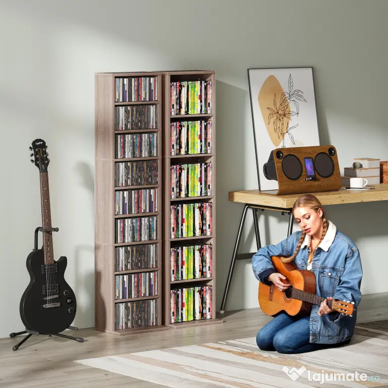 HOMCOM Raft pentru CD-uri cu 6 Rafturi Ajustabile, Capacitate 260 CD-uri sau 120 DVD-uri, 33 x 24 x 140 cm, Lemn Natural