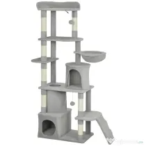 Pawhut Ansamblu de joacă pentru Pisici de 170 cm cu 7 Stâlpi Zgâriători, 2 Căsuțe, Hamac, Gri Deschis | Aosom Romania