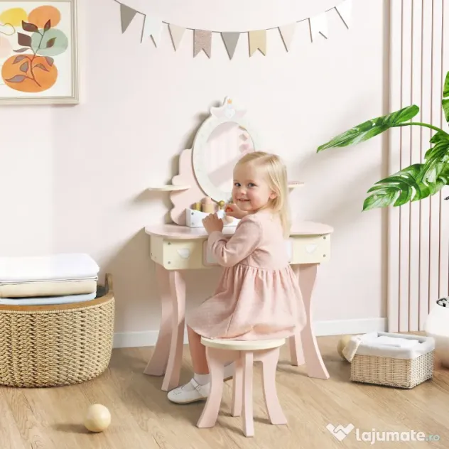 AIYAPLAY Set Masă de Toaletă pentru Copii cu Oglindă și Scaunel, 7 Accesorii de Joc, Sertar, Depozitare pe Birou, Roz | Aosom Romania