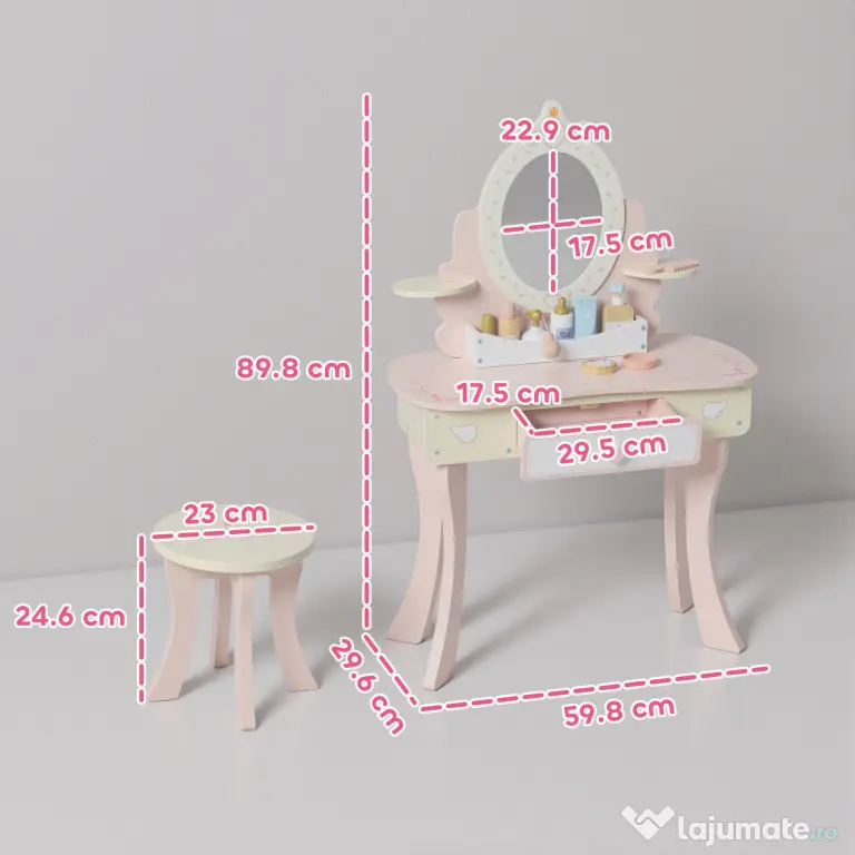 AIYAPLAY Set Masă de Toaletă pentru Copii cu Oglindă și Scaunel, 7 Accesorii de Joc, Sertar, Depozitare pe Birou, Roz | Aosom Romania