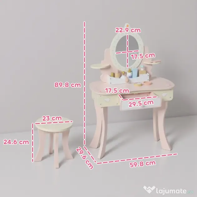 AIYAPLAY Set Masă de Toaletă pentru Copii cu Oglindă și Scaunel, 7 Accesorii de Joc, Sertar, Depozitare pe Birou, Roz | Aosom Romania