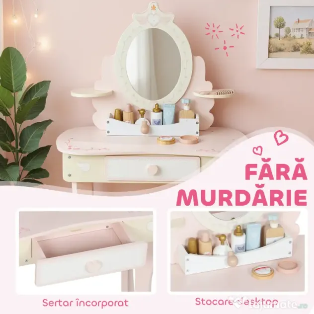AIYAPLAY Set Masă de Toaletă pentru Copii cu Oglindă și Scaunel, 7 Accesorii de Joc, Sertar, Depozitare pe Birou, Roz | Aosom Romania