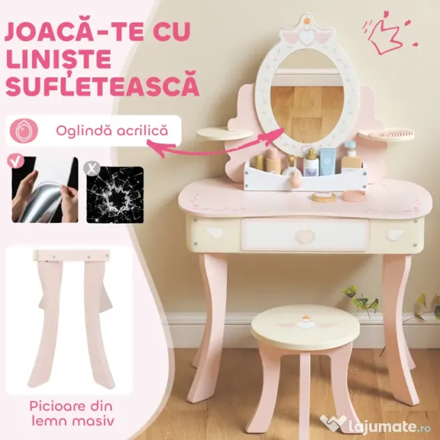 AIYAPLAY Set Masă de Toaletă pentru Copii cu Oglindă și Scaunel, 7 Accesorii de Joc, Sertar, Depozitare pe Birou, Roz | Aosom Romania