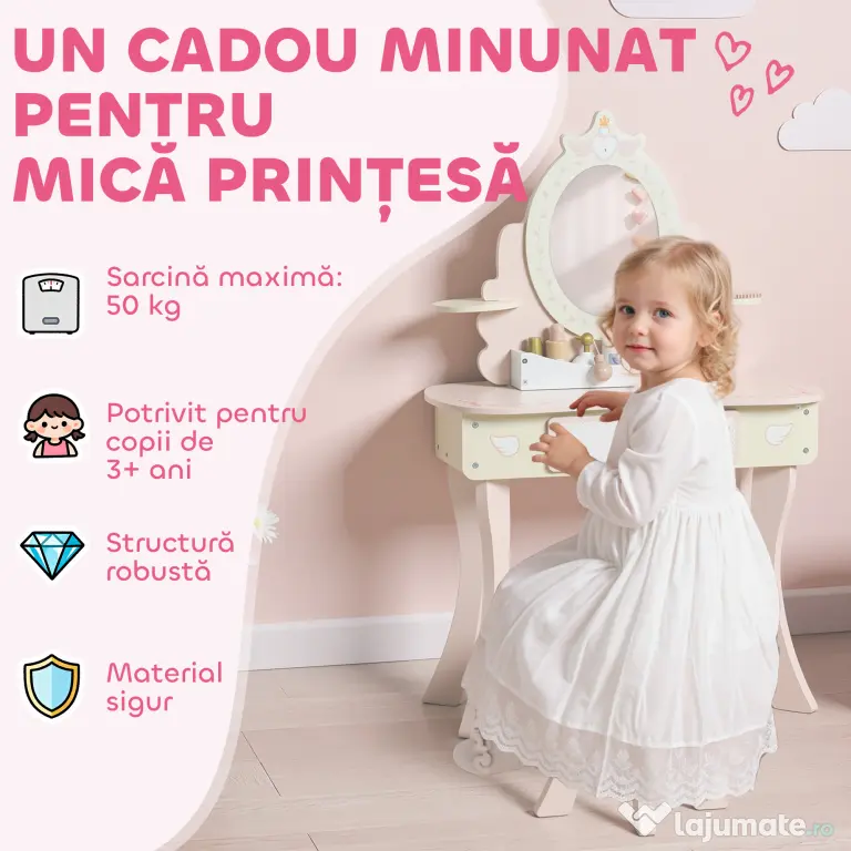 AIYAPLAY Set Masă de Toaletă pentru Copii cu Oglindă și Scaunel, 7 Accesorii de Joc, Sertar, Depozitare pe Birou, Roz | Aosom Romania