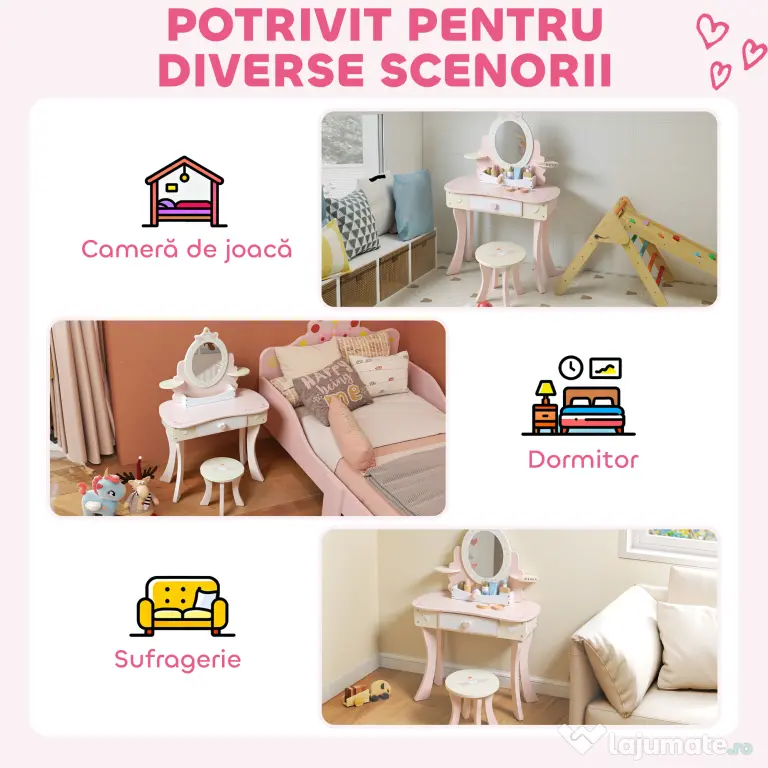 AIYAPLAY Set Masă de Toaletă pentru Copii cu Oglindă și Scaunel, 7 Accesorii de Joc, Sertar, Depozitare pe Birou, Roz | Aosom Romania