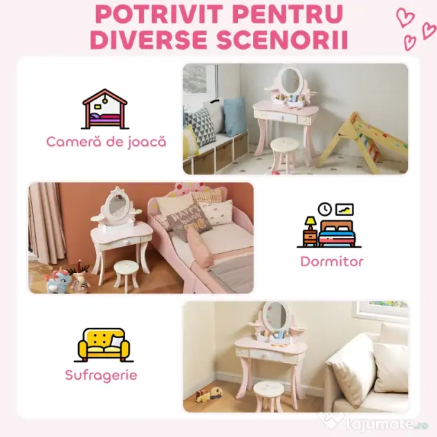 AIYAPLAY Set Masă de Toaletă pentru Copii cu Oglindă și Scaunel, 7 Accesorii de Joc, Sertar, Depozitare pe Birou, Roz | Aosom Romania