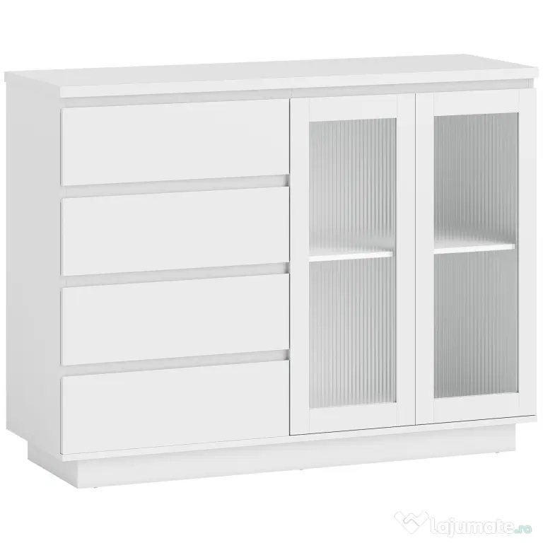 HOMCOM Bufet din Lemn cu 4 Sertare și Dulap cu Uși de Sticlă și Rafturi Reglabile, 120x40x91 cm, Alb | Aosom Romania
