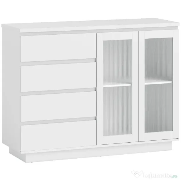 HOMCOM Bufet din Lemn cu 4 Sertare și Dulap cu Uși de Sticlă și Rafturi Reglabile, 120x40x91 cm, Alb | Aosom Romania