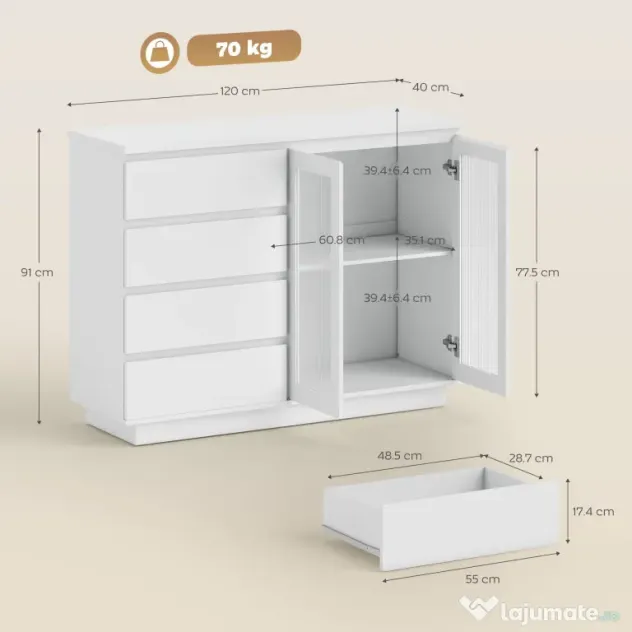 HOMCOM Bufet din Lemn cu 4 Sertare și Dulap cu Uși de Sticlă și Rafturi Reglabile, 120x40x91 cm, Alb | Aosom Romania
