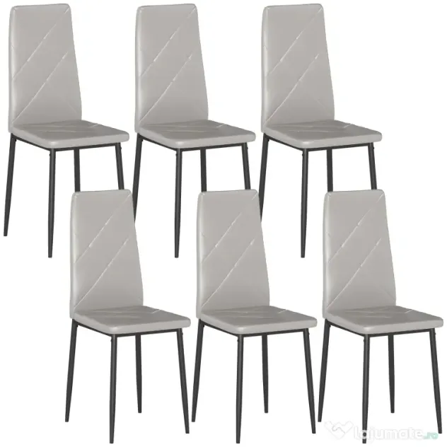 HOMCOM Set de 6 Scaune de Sufragerie, cu Spătar Înalt cu Cusături Tip Romb din Piele Ecologică și Oțel, 41x50x97 cm, Gri | Aosom Romania