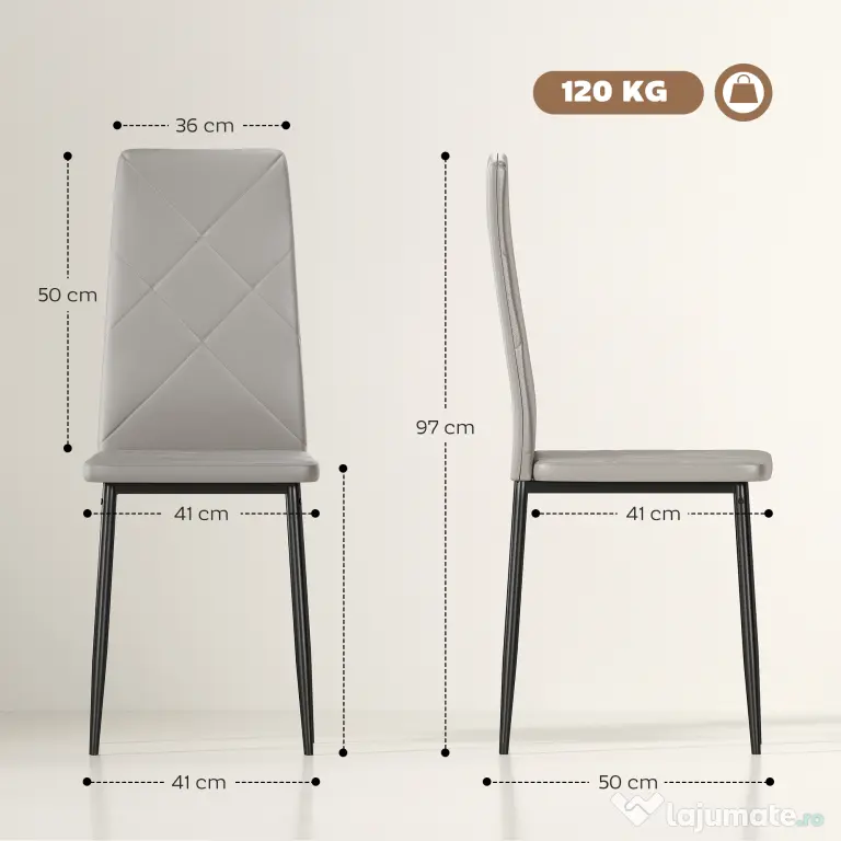 HOMCOM Set de 6 Scaune de Sufragerie, cu Spătar Înalt cu Cusături Tip Romb din Piele Ecologică și Oțel, 41x50x97 cm, Gri | Aosom Romania