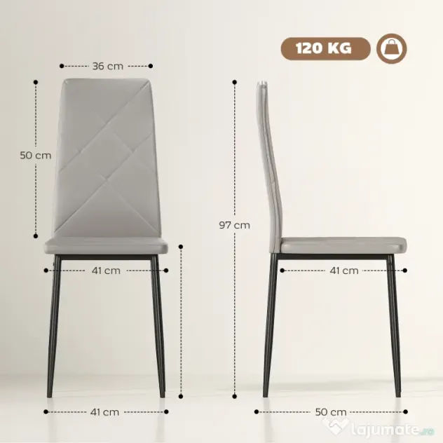 HOMCOM Set de 6 Scaune de Sufragerie, cu Spătar Înalt cu Cusături Tip Romb din Piele Ecologică și Oțel, 41x50x97 cm, Gri | Aosom Romania